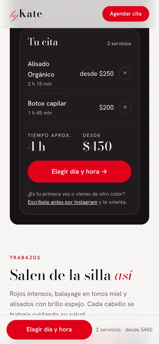 Resumen de la cita con dos servicios, tiempo aproximado y total