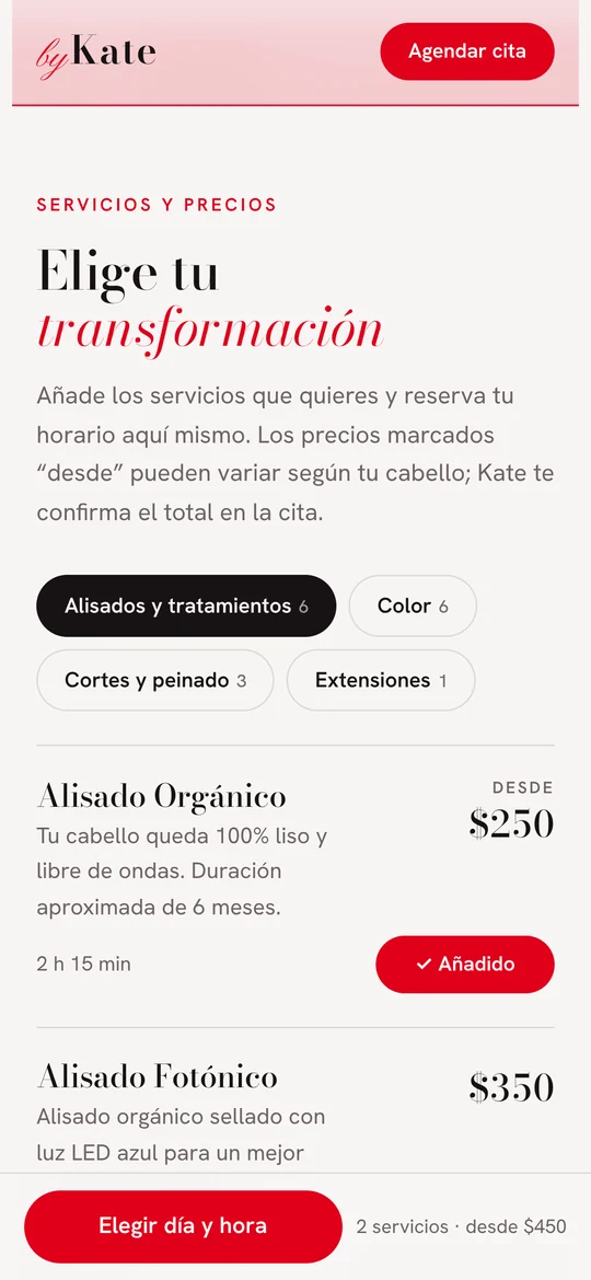 Servicios de By Kate con precios, duración y un servicio añadido