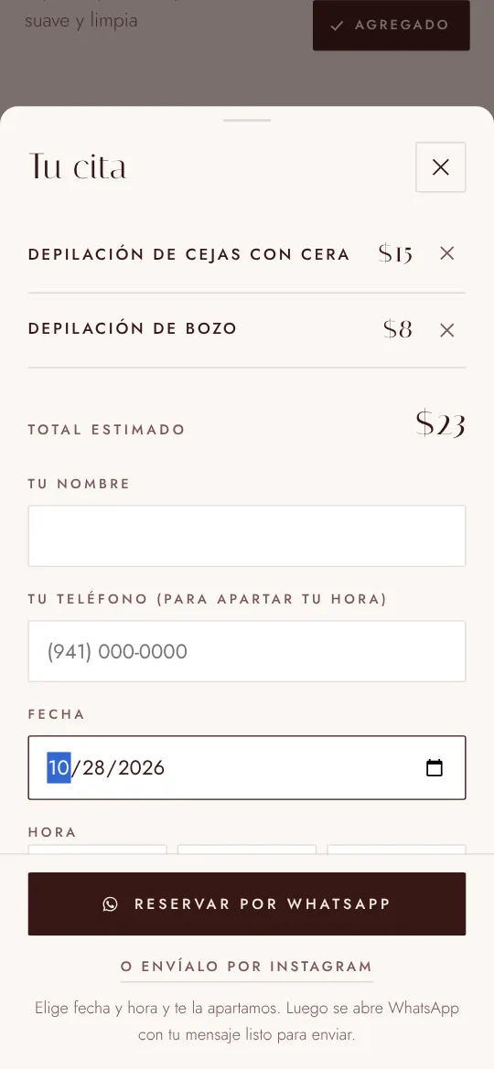 Resumen de la cita con los servicios elegidos y el total estimado