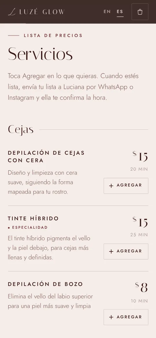Lista de servicios de Luzé Glow con precio, duración y botón Agregar