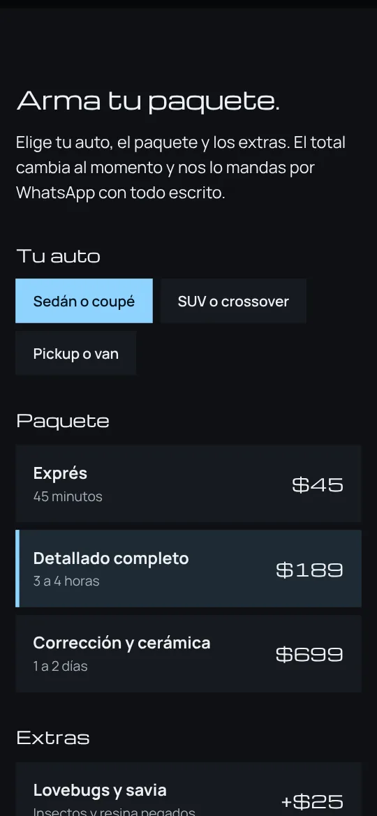 Arma tu paquete de NOIR: tipo de auto, paquete y total