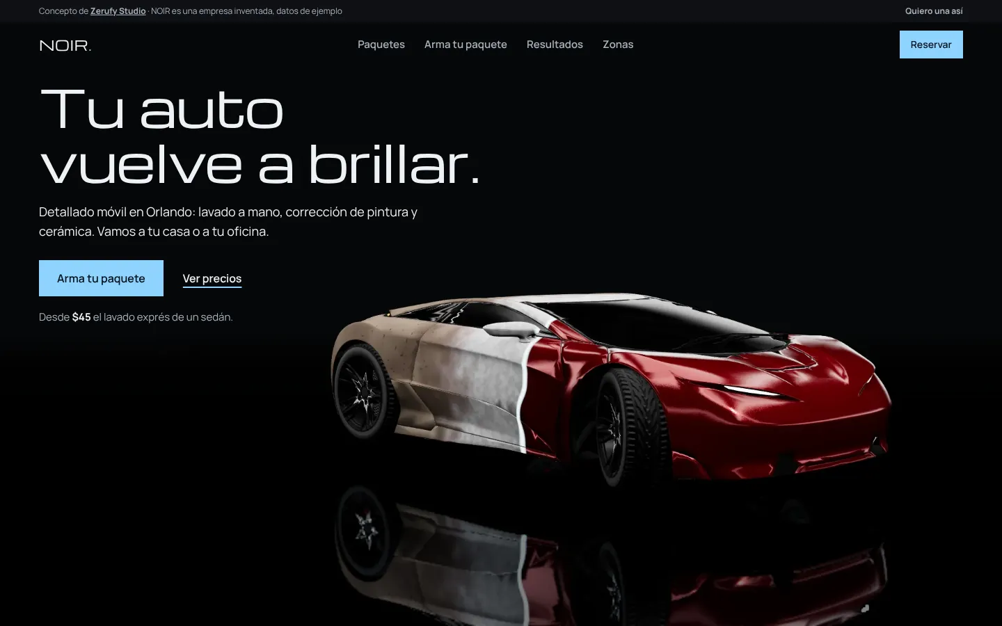 Portada de NOIR en computadora: “Tu auto vuelve a brillar” con el auto rojo a medio lavar