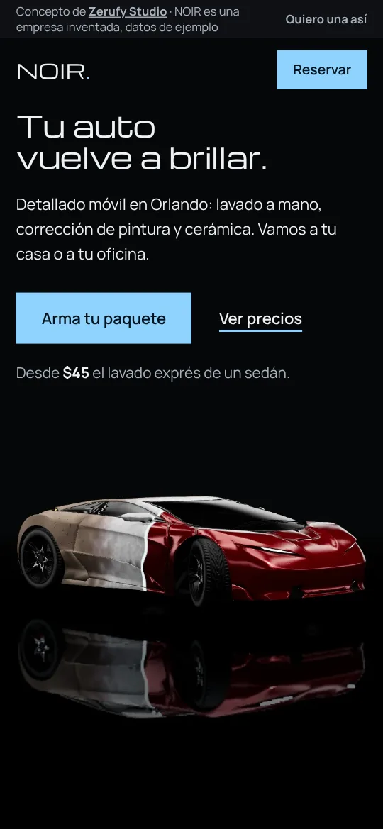 Portada de NOIR en el celular con el auto en 3D