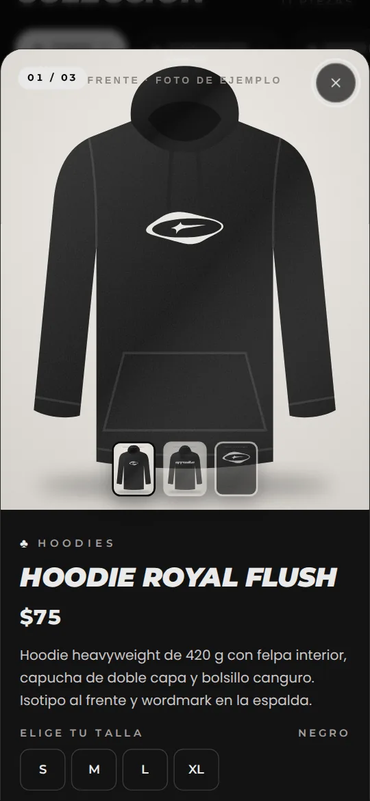 Ficha de un hoodie de Offsuite con galería de fotos y tallas
