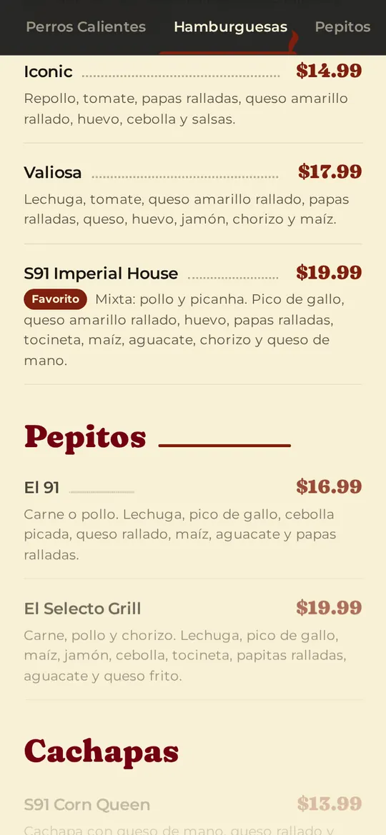 Sección de hamburguesas del menú de S91 con precios